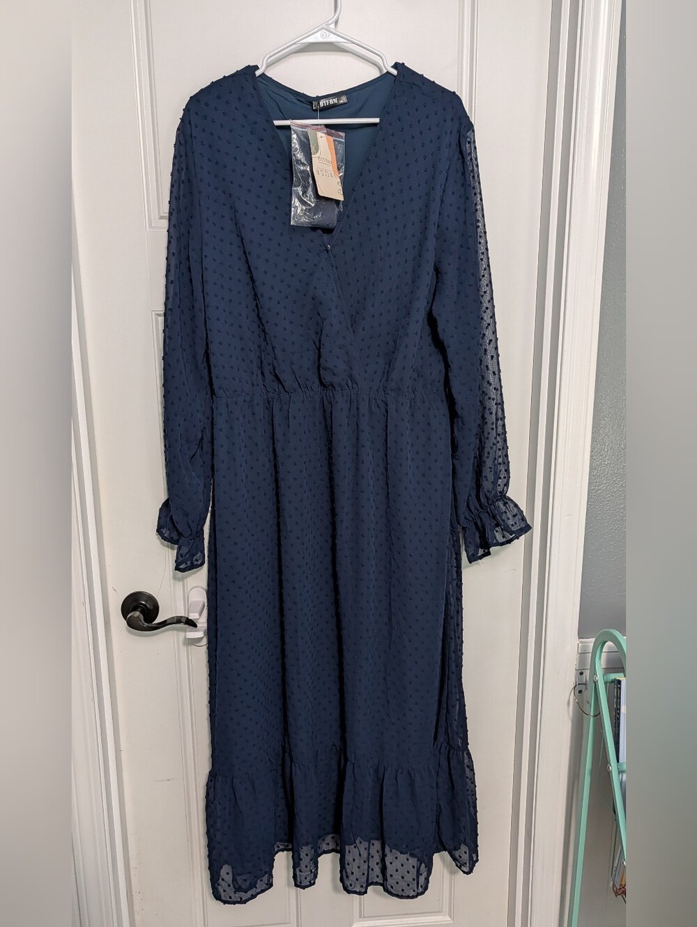 BTFBM Navy Blue Sheer Polka Dot Long Sleeve Dress